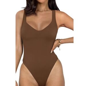 Reoria Halter Bodysuit Sleeveless Snap Crotch Casual Top Brown Size S